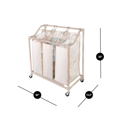 Deluxe Rolling Triple-Compartment Laundry Sorter Hamper with Wheels - 30 x 32 Inch - Beige - Smart Design® 3