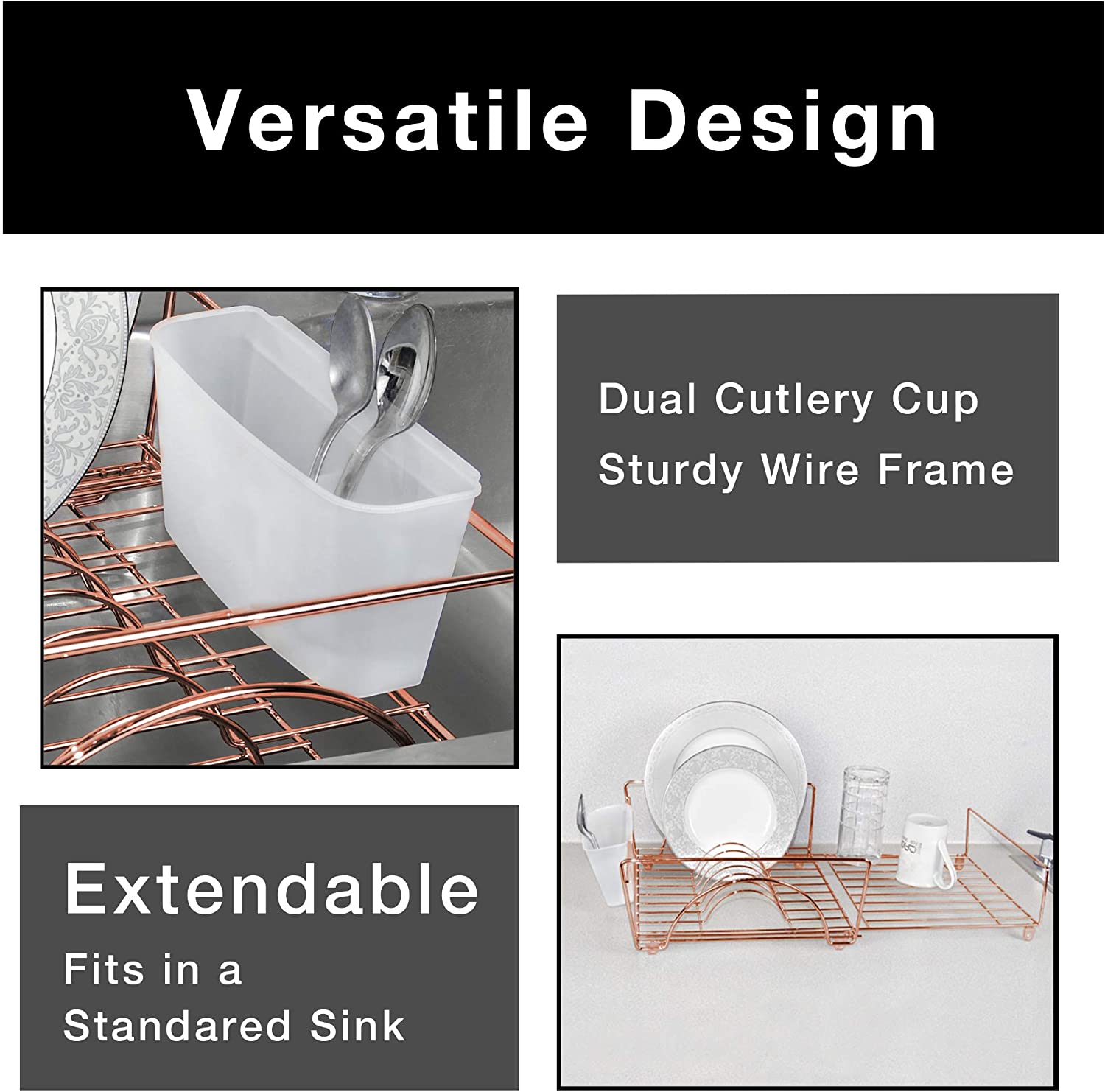 Smart Design Expandable Dish Drainer Drying Rack with Cutlery Cup - Steel  Metal Wire - Fits in Standard Sinks - Dishes, Cups, Silverware Organization  - Kitchen - 13.5 x 20.63 Inch - Rose Gold 