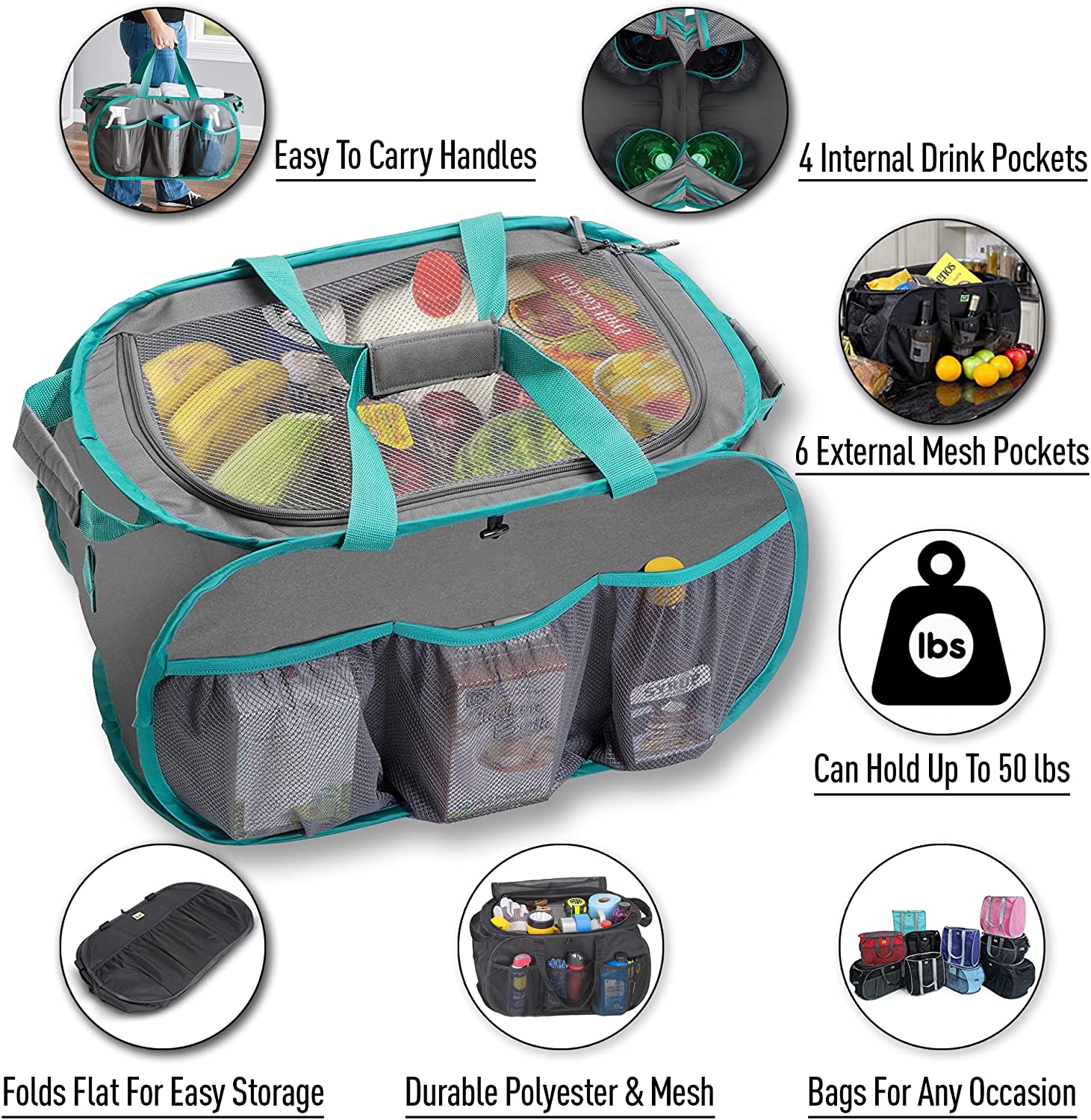 Smart Design Pop Up Trunk Organizer with Easy Carry Handles, Side Pockets, and Zipper Top - Set of 2 - 23 inch - Holds 50 lbs. - Durable Fabric