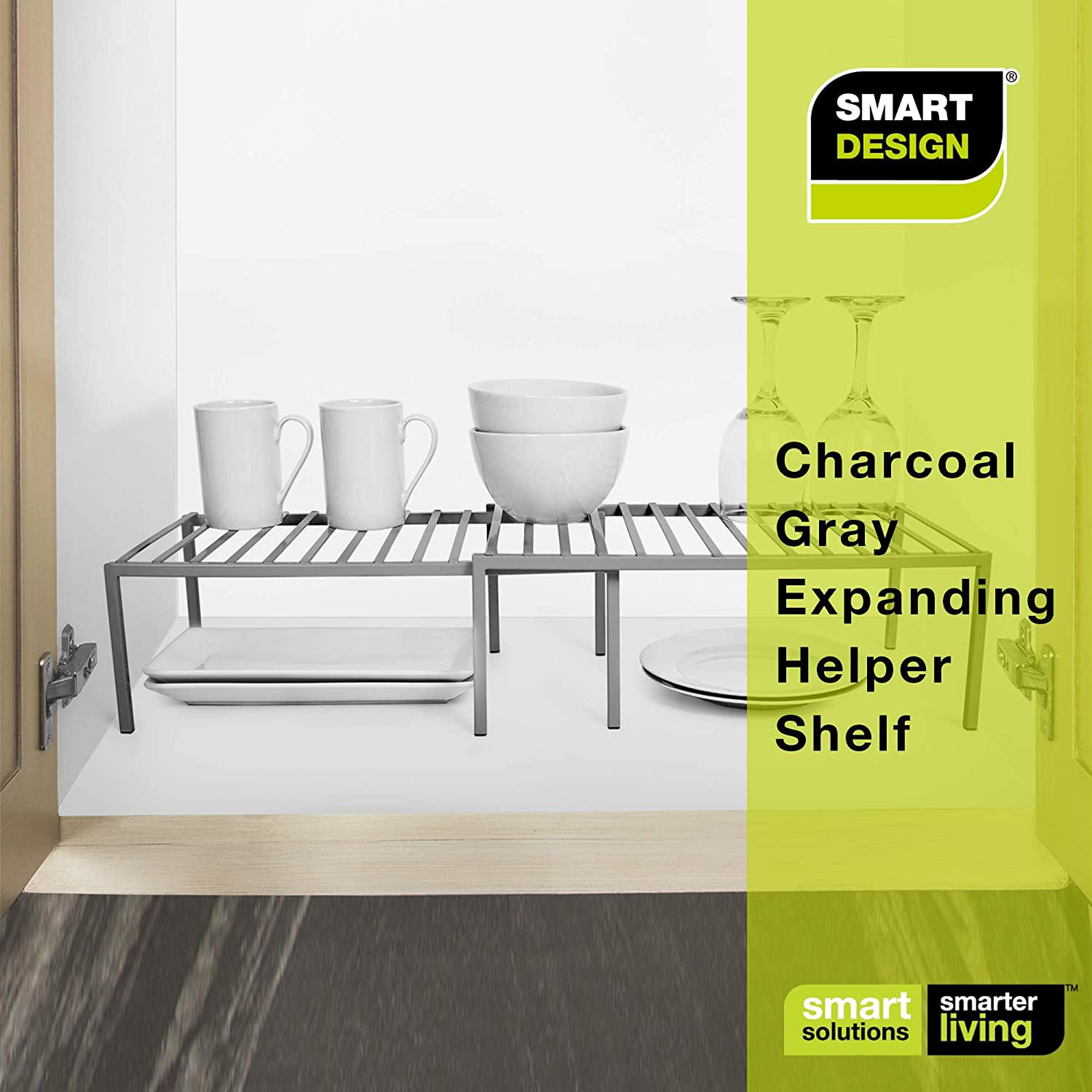 Smart Design Premium Expandable Cabinet Storage Shelf Rack - Large- 16-32 x  10 inch - Charcoal Gray 
