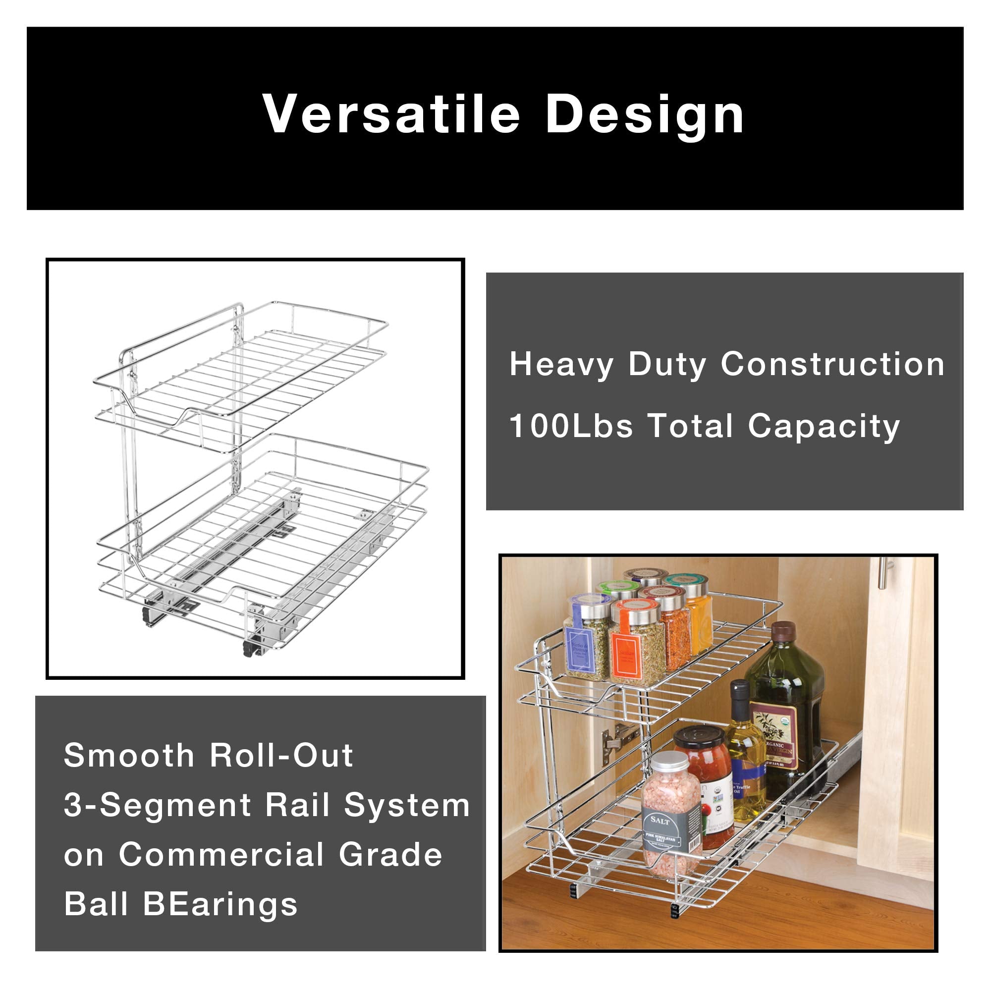 Smart Design 2-Tier Shelf Pull-Out Cabinet Organizer - Medium - Roll-Out  Extendable Sliding Drawer - Steel Metal - Holds 100 lbs. - Cabinets